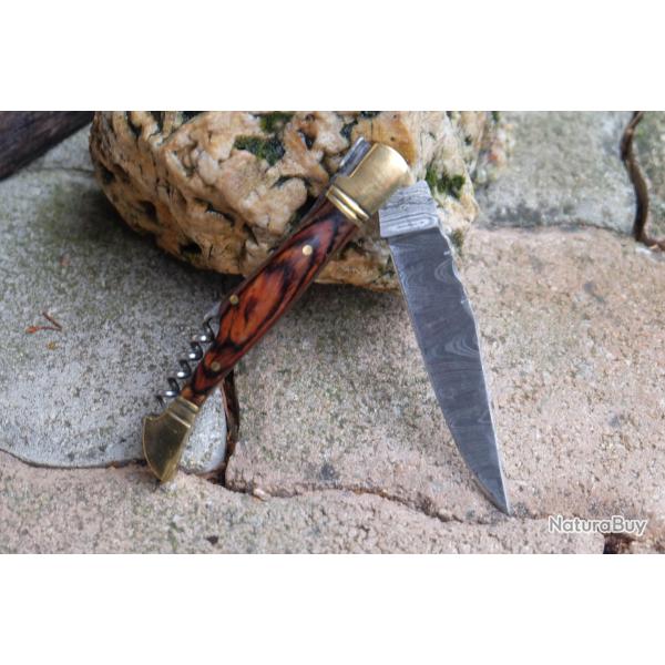 Couteau Damas Lame 128 Couches Fa�on Laguiole Abeille Manche Bois Laiton T-Bouchons Fabr Artisanale