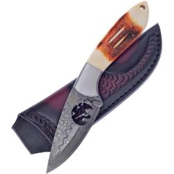 Couteau Fixe Frost Cutlery Skinner Lame Acier Damas Manche Os Second Cut Ambr&eacute; &Eacute;tui Cuir FCW991SCDK