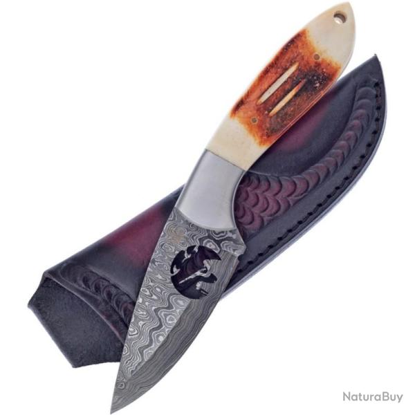 Couteau Fixe Frost Cutlery Skinner Lame Acier Damas Manche Os Second Cut Ambr� �tui Cuir FCW991SCDK