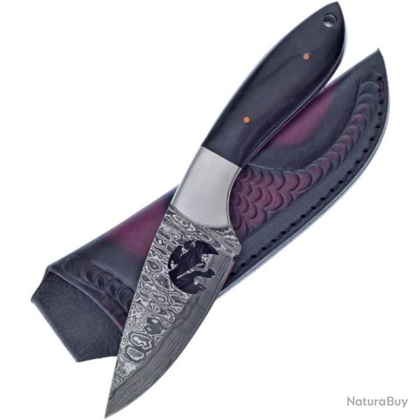 Couteau Fixe Frost Cutlery Skinner Lame Acier Damas Manche Corne de Buffle Noir �tui Cuir FCW991BHDK