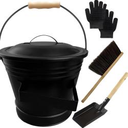 Seau &agrave; Cendres en M&eacute;tal, Seau avec Couvercle, Pelle, Balai &agrave; Main& Gants, 6L