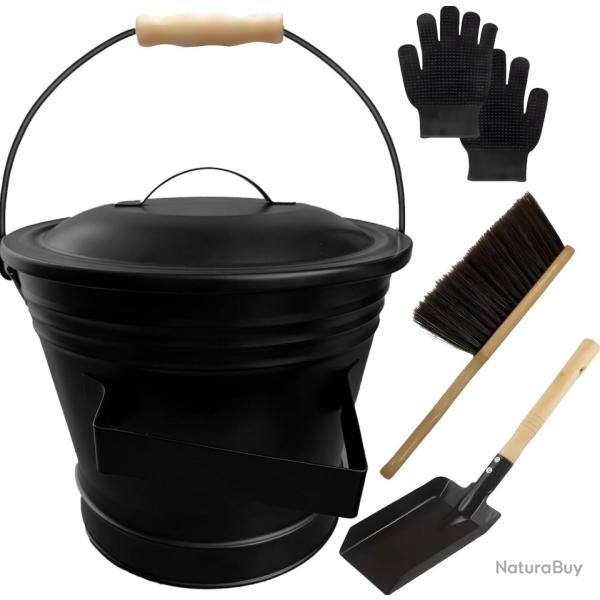 Seau � Cendres en M�tal, Seau avec Couvercle, Pelle, Balai � Main& Gants, 6L