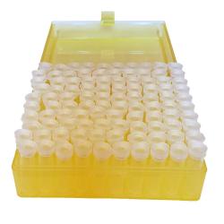 Bo&icirc;te en polypropyl&egrave;ne &agrave; 100 places avec 100 dosettes 2 ml - Jaune