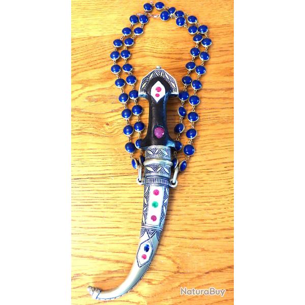 MAGNIFIQUE COUTEAU ETHNIQUE ORIENTAL EN ARGENT - POUR ENFANT ROI+BELLES PIERRES PRECIEUSES-SAPHIR