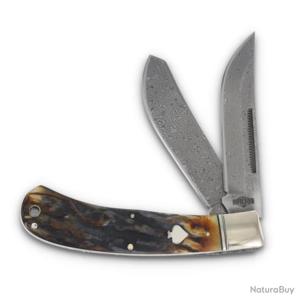 Couteau Pliant Rough Rider Cinnamon Bone Upswept Trapper Lame Acier Damas Manche Os Slip Joint