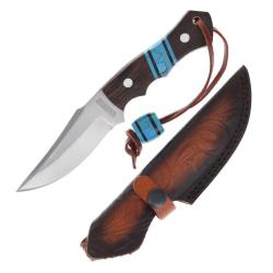 Couteau Fixe Rough Rider Wenge Turquoise Lame Acier Inoxydable Manche Bois de Weng&eacute; Housse Cuir