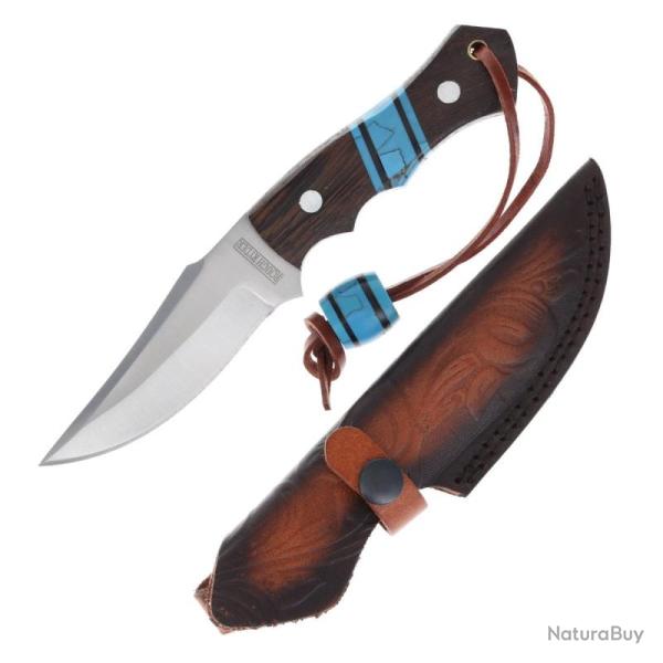 Couteau Fixe Rough Rider Wenge Turquoise Lame Acier Inoxydable Manche Bois de Weng� Housse Cuir