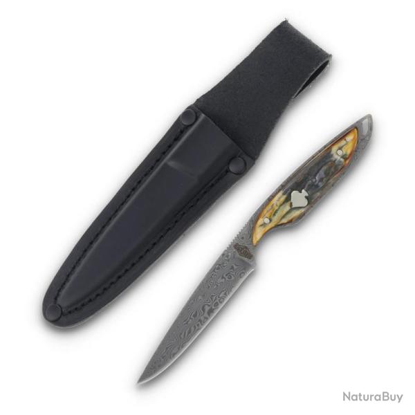 Couteau Fixe Rough Rider Streamline Cinnamon Lame Acier Damas Manche Os Housse Cuir RR2532