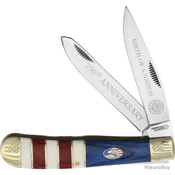 Couteau American Hunter Trapper 250th Lame Acier Inox Manche Bois Bleu Blanc Rouge Slip Joint AH041