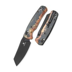 Couteau Pliant Bestechman Cicada's Wing Lame Acier 10Cr15MoV Manche Bois R&eacute;sine Noire Or B-Lock