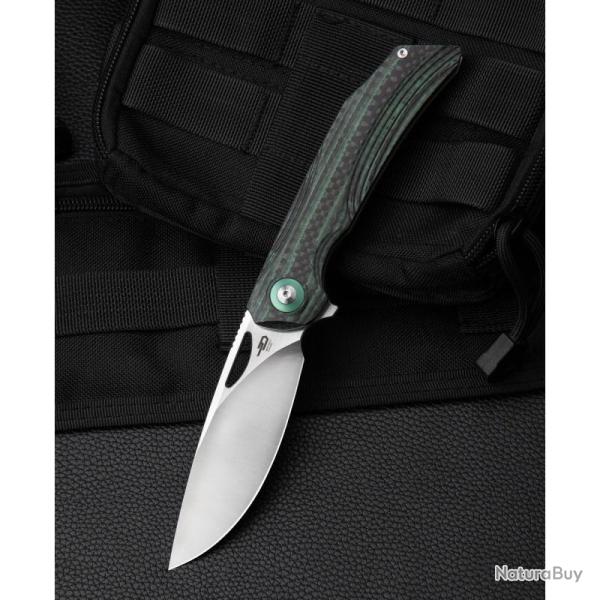 Couteau Pliant Bestech Falko Lame Acier 154CM Manche Fibre de Carbone et G10 Vert Liner Lock BTKL01C