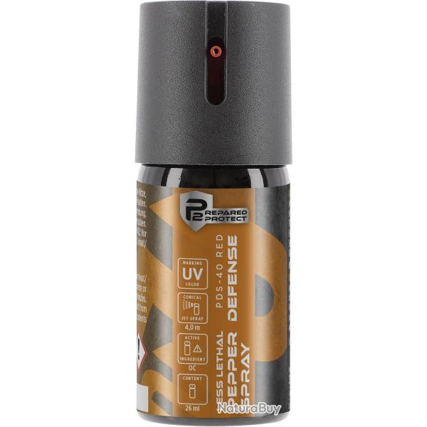 Bombe de d�fense au poivre OC Prepared 2 Protect PDS-40 Red Gaz jet conique 26 ml marqueur UV