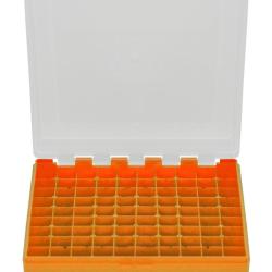 Bo&icirc;te de rangement munitions calibre 9mm Megaline 100 cartouches couvercle transparent orange