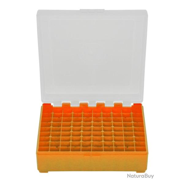 Bo�te de rangement munitions calibre 9mm Megaline 100 cartouches couvercle transparent orange