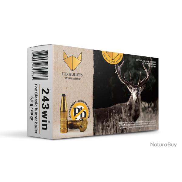 Cartouche sans plomb Fox Bullets Classic Hunter 243 Win 80 gr bo�te de 20