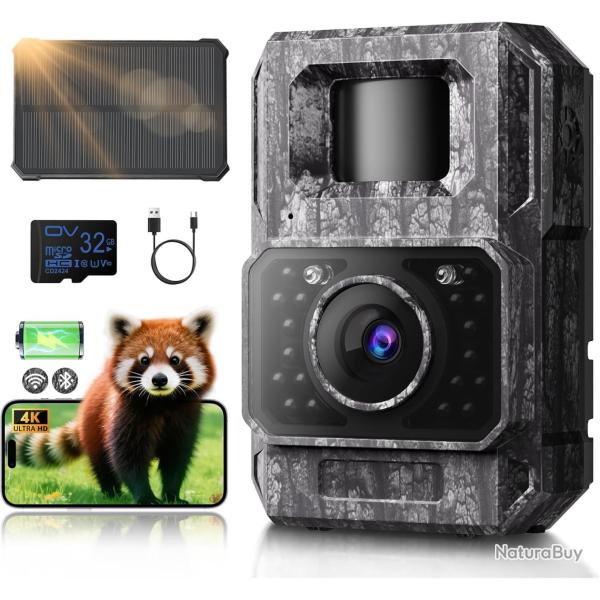 Cam�ra de Chasse Angle 130� Solaire Batterie 6000mAh 4K HD 60MP Etanche IP66 Vision Nocturne SD 32G