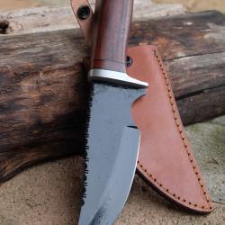 Couteau de Chasse Bowie Lame Clip Point Acier Carbone 1055 Gros Manche Bois Etui Fabr Artisanale