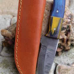 Couteau Skinner Damas Lame Drop Point Acier 256 Couches Manche 2 Bois Etui Cuir Fabric Artisanale 01