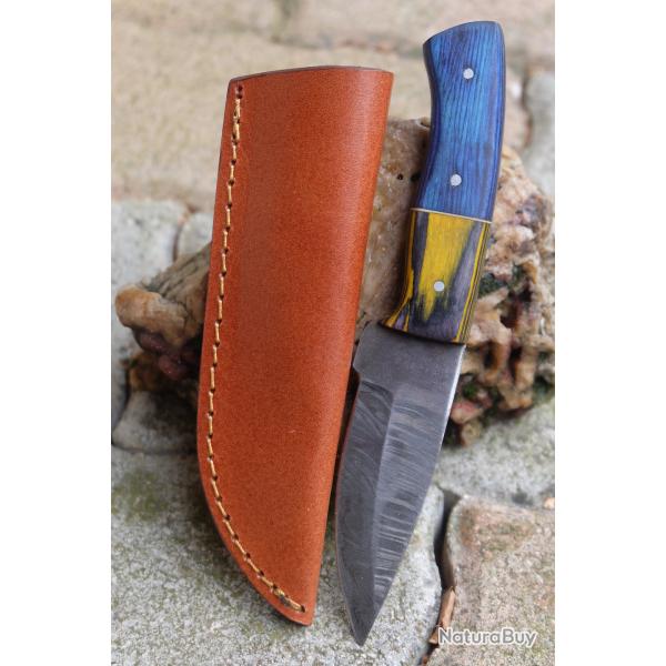 Couteau Skinner Damas Lame Drop Point Acier 256 Couches Manche 2 Bois Etui Cuir Fabric Artisanale 01