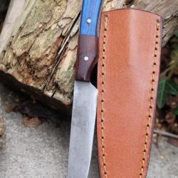 Couteau Stylet Lame Acier Damas 256 Couches Manche Cocobolo Etui Cuir Fabric Artisanale