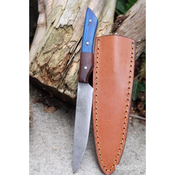 Couteau Stylet Lame Acier Damas 256 Couches Manche Cocobolo Etui Cuir Fabric Artisanale