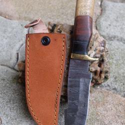 Puukko XL Couteau Damas Lame 256 Couches Harpoon Manche 2 Bois Fabric Artisanale Etui Cuir