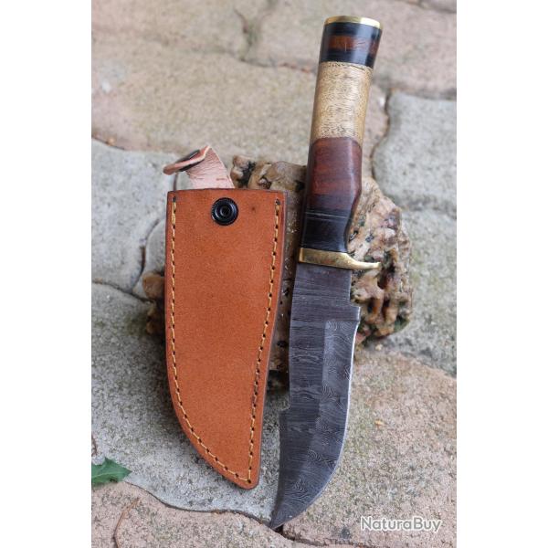Puukko XL Couteau Damas Lame 256 Couches Harpoon Manche 2 Bois Fabric Artisanale Etui Cuir