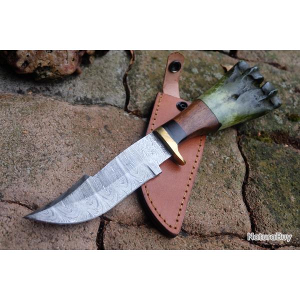 Puukko XL Couteau Damas Lame 256 Couches Harpoon Manche Bois/OS Fabric Artisanale Etui Cuir