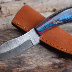 Couteau Skinner de Poche Lame Acier Damas 256 Couches Manche 2 Bois Etui Cuir Fab Artisanale