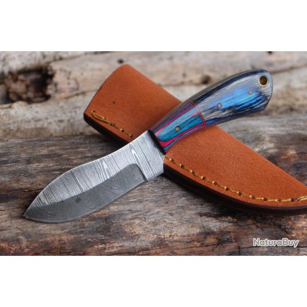 Couteau Skinner de Poche Lame Acier Damas 256 Couches Manche 2 Bois Etui Cuir Fab Artisanale