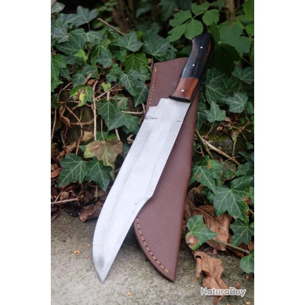GROS Couteau Bowie Crocodile Dundee Machette Lame Clip Point Acier 3Cr13 Manche Bois Etui Cuir