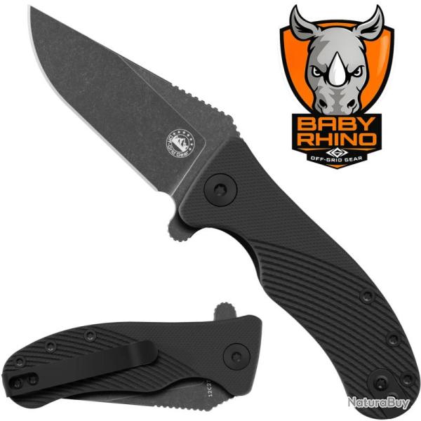 Couteau Off-Grid Gear Baby Rhino Lame Acier 12C27 Manche G10 Noir Liner Lock OGGBRNF