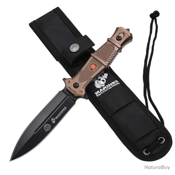 Couteau Fixe USMC Lame Acier 3Cr13MoV Manche Aluminium Tan �tui Nylon USMFIX3014TN