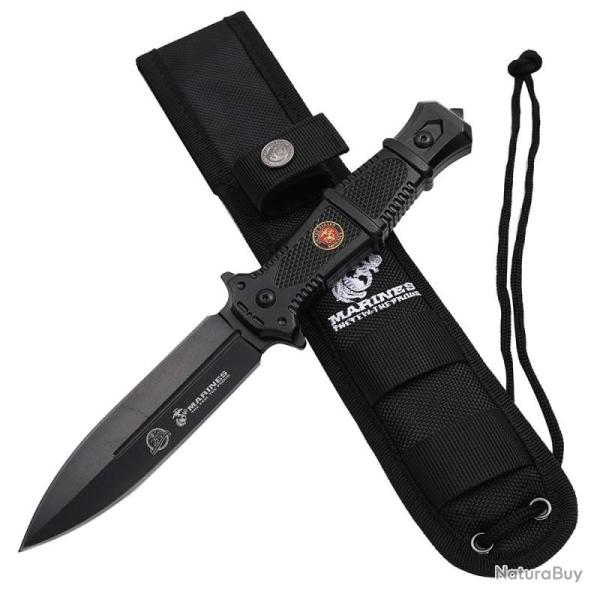 Couteau Fixe USMC Lame Acier 3Cr13MoV Manche Aluminium Noir �tui Nylon USMFIX3014BK