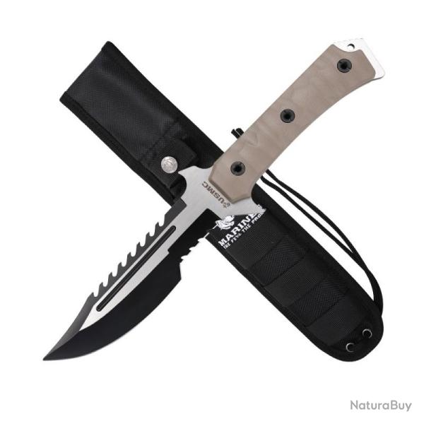 Couteau Fixe USMC Lame Acier 3Cr13MoV Manche G10 Tan �tui Nylon USMFIX3006TN