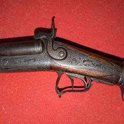 Beau fusil ancien &agrave; broche XIXe - Canons Damas - Gravures animali&egrave;res - Collection