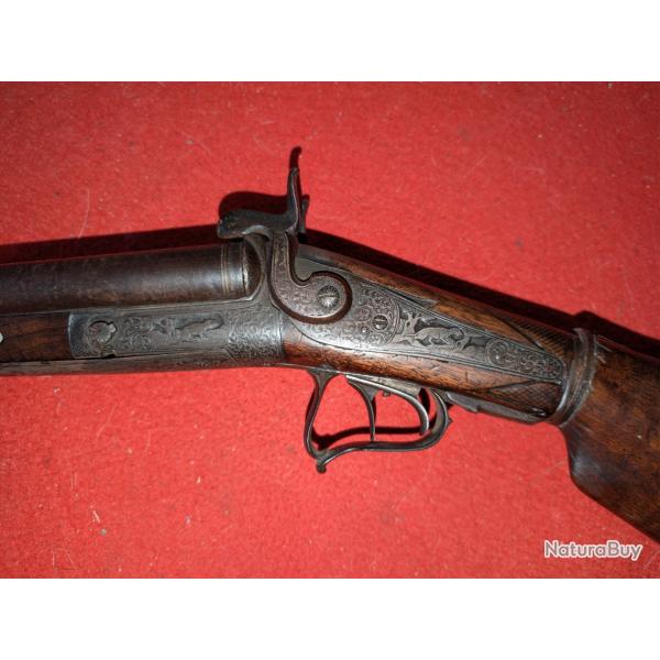 Beau fusil ancien � broche XIXe - Canons Damas - Gravures animali�res - Collection