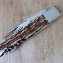 Ancien couteau de chasse Vintage 4 pi&egrave;ces &agrave; pompe bois de cerf type Makinox FRANCE TB ETAT