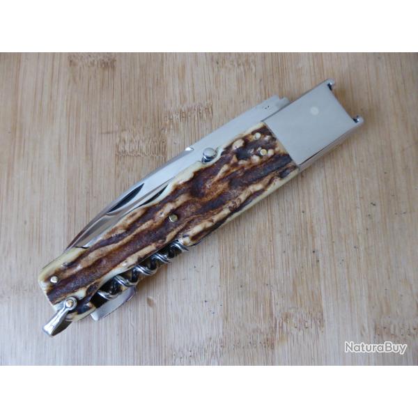 Ancien couteau de chasse Vintage 4 pi�ces � pompe bois de cerf type Makinox FRANCE TB ETAT