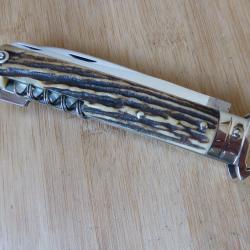 Ancien couteau de chasse 3 pi&egrave;ces VERITABLE ISSARINOX bois de cerf &agrave; pompe Thiers FRANCE TB ETAT