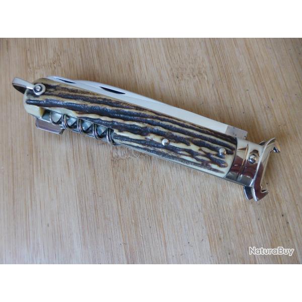 Ancien couteau de chasse 3 pi�ces VERITABLE ISSARINOX bois de cerf � pompe Thiers FRANCE TB ETAT