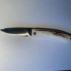 couteau pliant artisanal manche bois de cerf, lame inox
