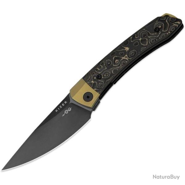 Couteau Kizer Mini Momo Lame Acier S90V Drop Point Manche Titane/Fat Carbon Or Liner Lock KI3663A3