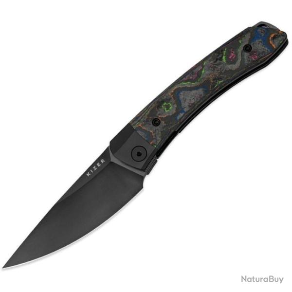 Couteau Kizer Mini Momo Lame Acier S35VN DLC Drop Point Manche Titane/Camo Carbon 80's Liner Lock