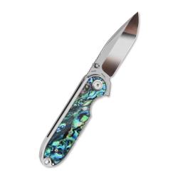 Couteau QSP Nebula Lame Acier 14C28N Poli Miroir Clip Point Manche Nacre Abalone Liner Lock QS168F