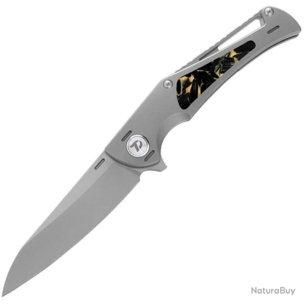 Couteau Dreamtech Lame Acier M390 Reverse Tanto Manche Titane Gris CF Jaune Frame Lock DTK3386Y