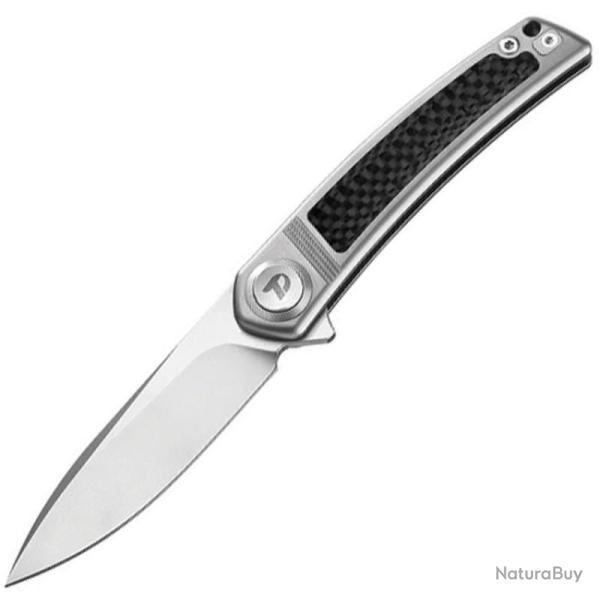 Couteau Dreamtech Lame Acier M390 Drop Point Manche Titane Gris Fibre de Carbone Button DTK4288C