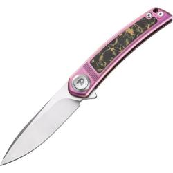 Couteau Dreamtech Lame Acier M390 Drop Point Manche Titane Rose Fibre de Carbone Button DTK4288P