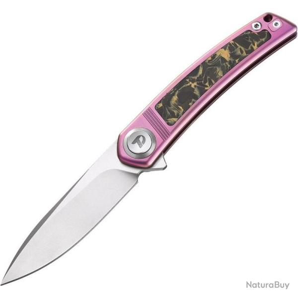 Couteau Dreamtech Lame Acier M390 Drop Point Manche Titane Rose Fibre de Carbone Button DTK4288P