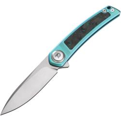 Couteau Dreamtech Lame Acier M390 Drop Point Manche Titane Teal Fibre de Carbone Button DTK4288BL